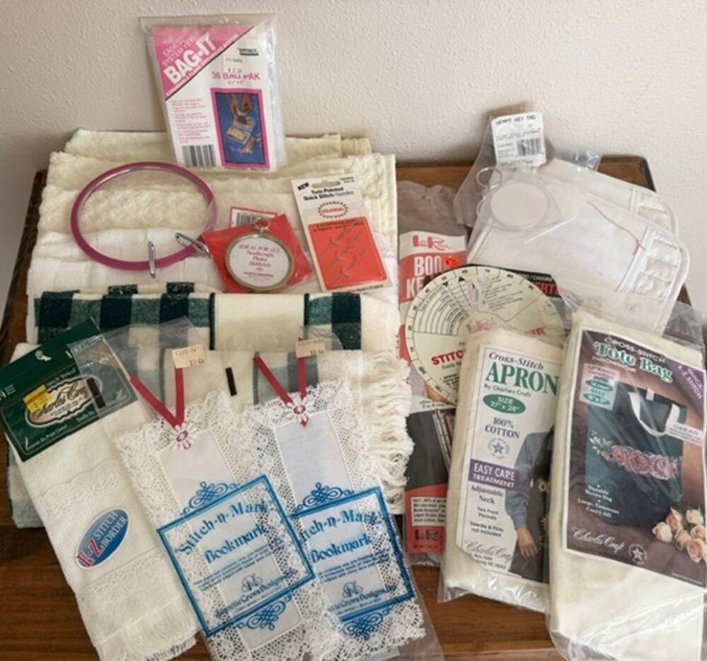 Cross Stitching Mix Lot of Supplies, Towels, Bookmarkers, Tote Bag, Apron + More